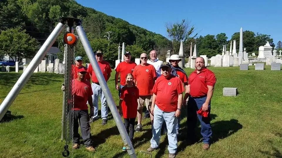 Volunteer crew with the custom 10-ton tripod at Hillside Cemetery, North Adams